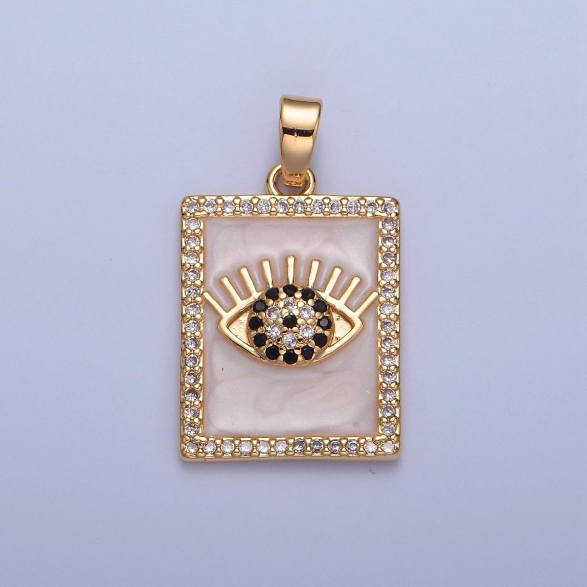 Gold Filled Evil Eye Tag Pendant, Micro Pave Black & Clear CZ with White Enamel Eye of Ra Protection Tile Pendant H-064