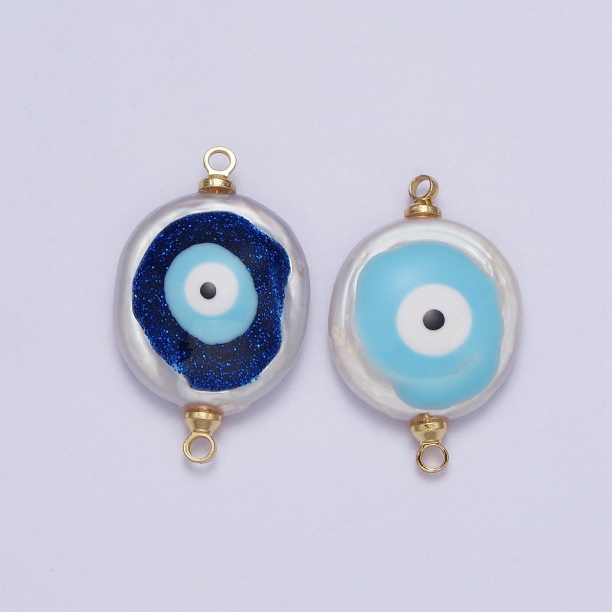 Gold Filled Flat Button Pearl Connector with Glitter Blue Evil Eye Enamel Link Charm For Jewelry Making G-542 G-543