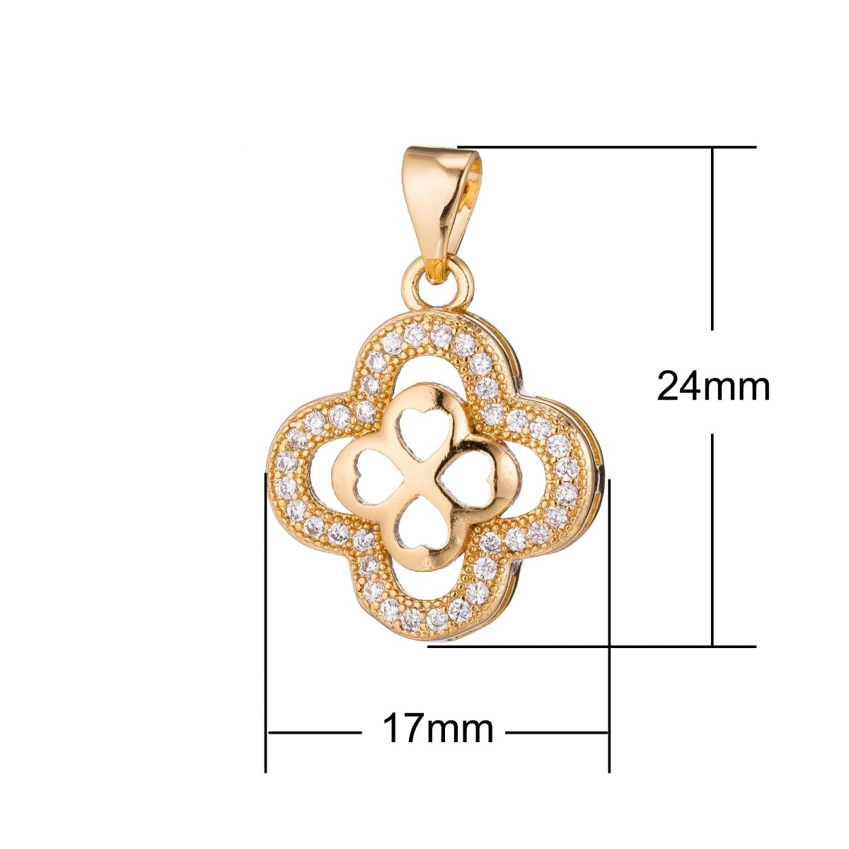 Gold Filled four leaf clover Flower Hearts, lucky Lover Heaven, Love, Romantic, Cubic Zirconia Necklace Pendant Charm for jewelry making I-346