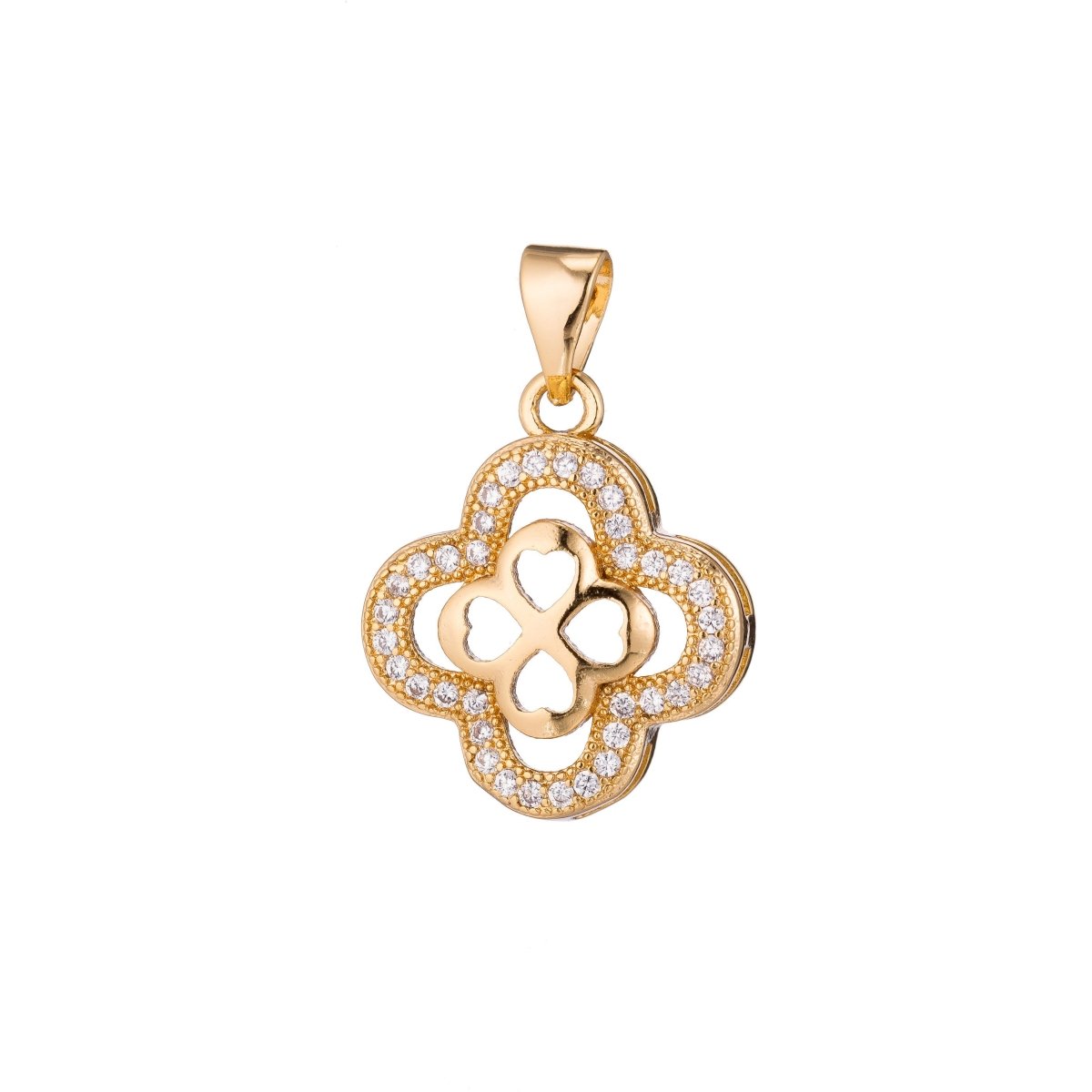 Gold Filled four leaf clover Flower Hearts, lucky Lover Heaven, Love, Romantic, Cubic Zirconia Necklace Pendant Charm for jewelry making I-346