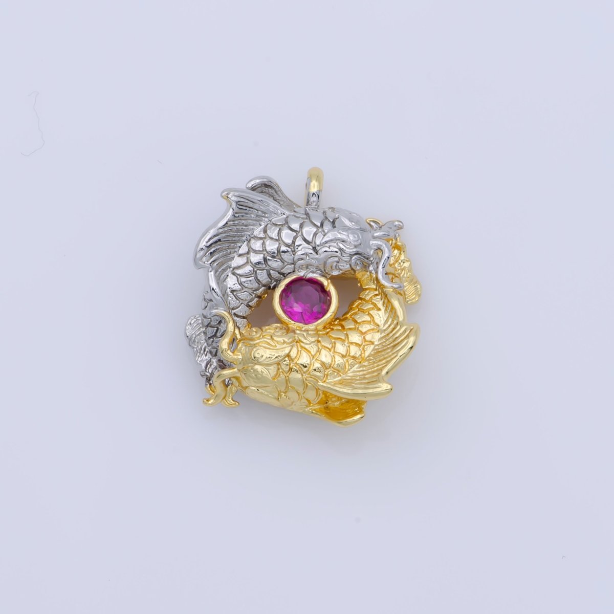 Gold Filled Fuchsia CZ Mixed Metal Scaled Fish Yin Yang Symbol Charm | M-391