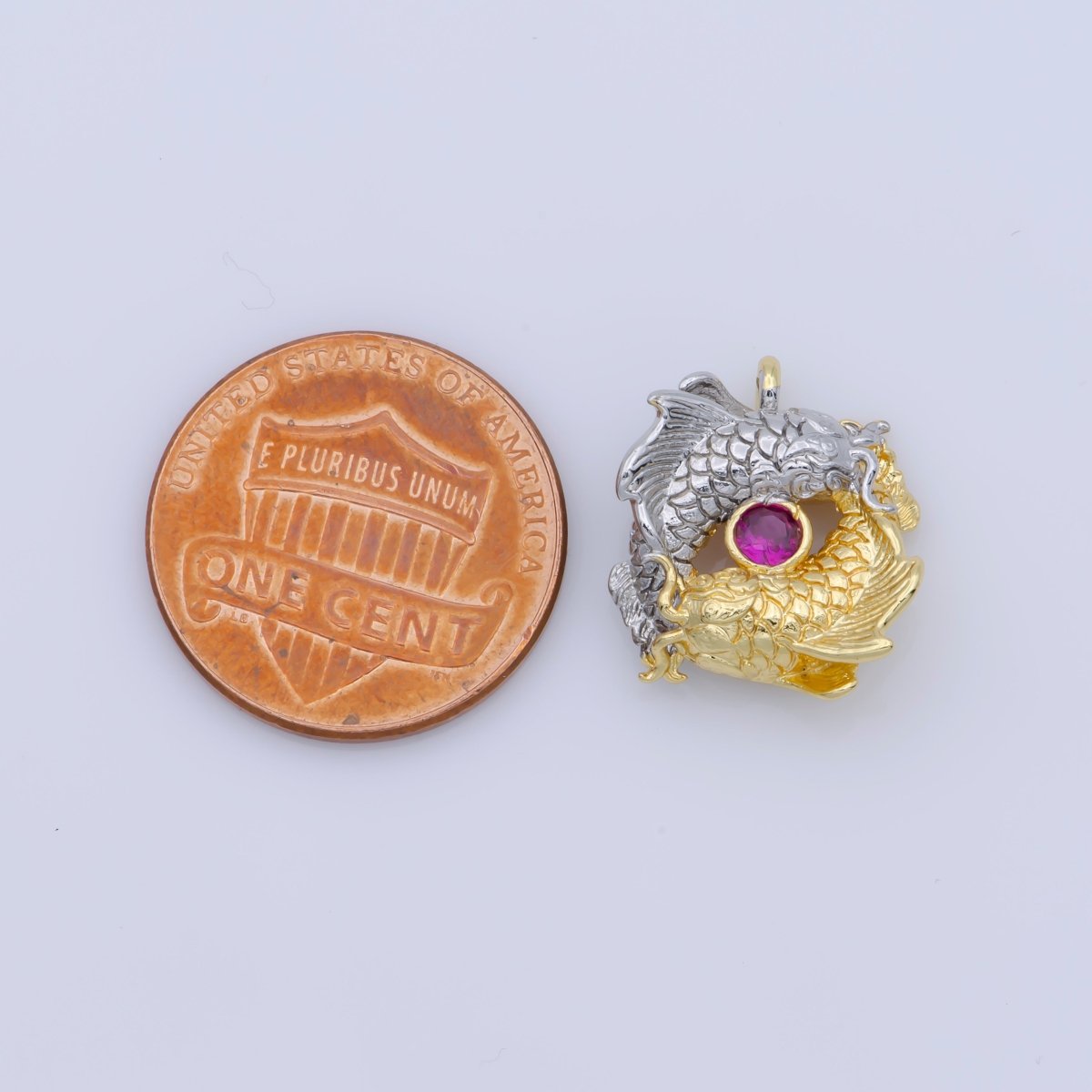 Gold Filled Fuchsia CZ Mixed Metal Scaled Fish Yin Yang Symbol Charm | M-391