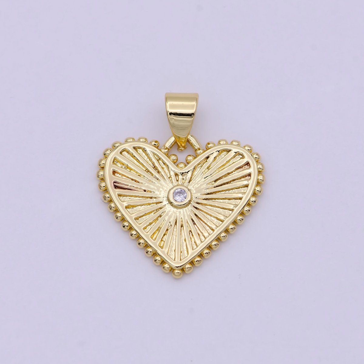 Gold Filled Heart Pendant Medallion, Heart Charm, Valentine Love Pendant Sunburst with Beaded Edges H-427