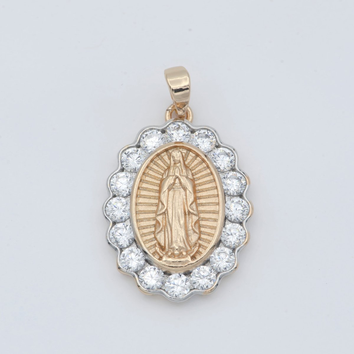 Gold Filled Holy Mary Lady of Guadalupe Praying Religious Cubic Zirconia Crystal Oval Pendants H-728