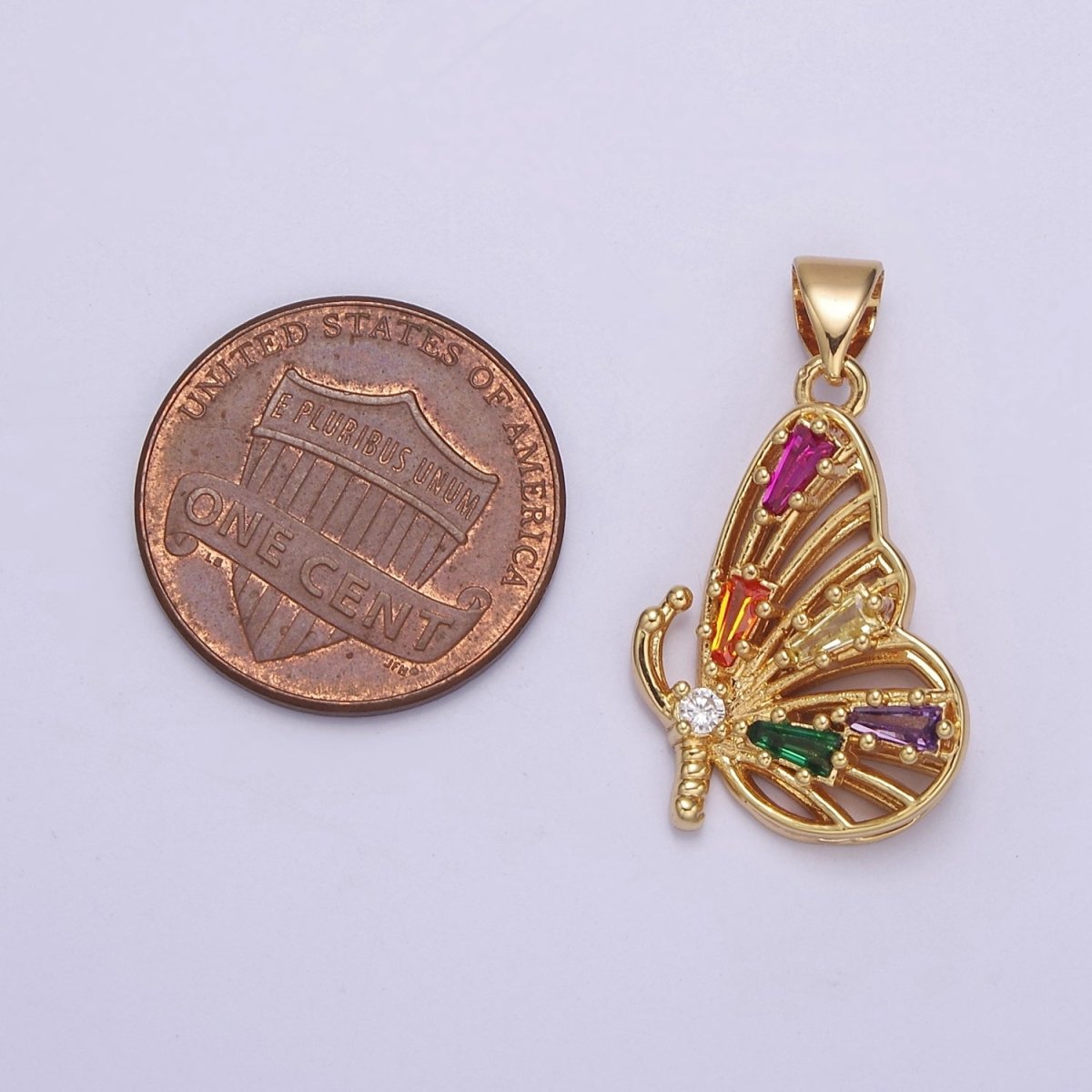 Gold Filled Mariposa Butterfly Pendant with Baguette Cubic Zirconia CZ Wings J-340