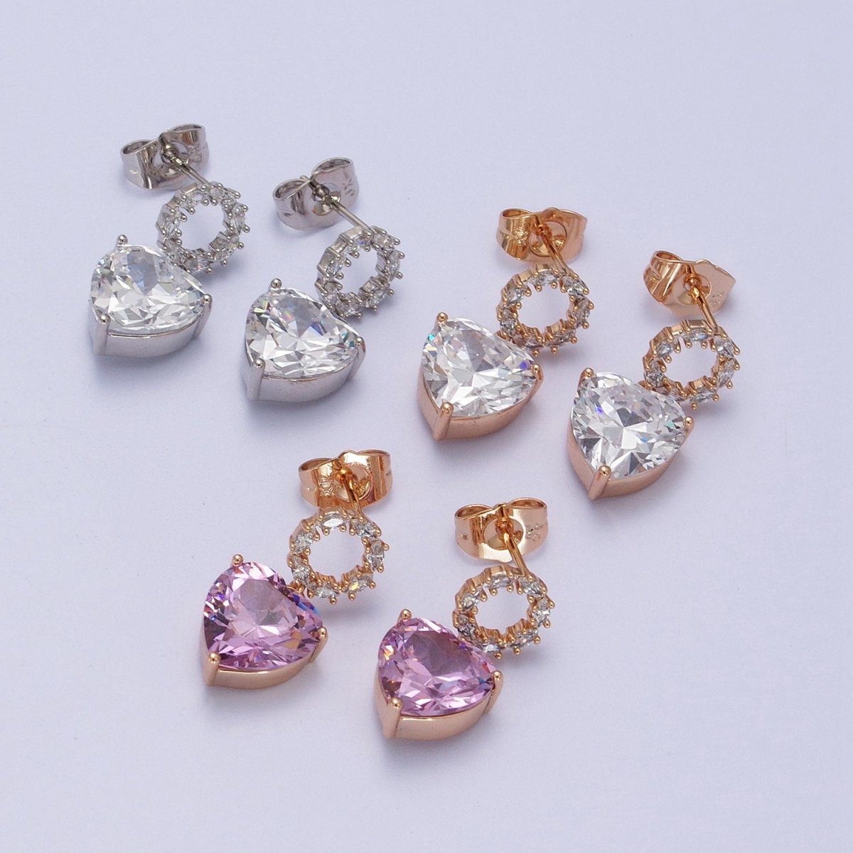 Gold Filled Marquise Round Stud Earring; Clear, Pink CZ Heart Drop Dangle Earrings in Gold & Silver | AD-307~AD-309