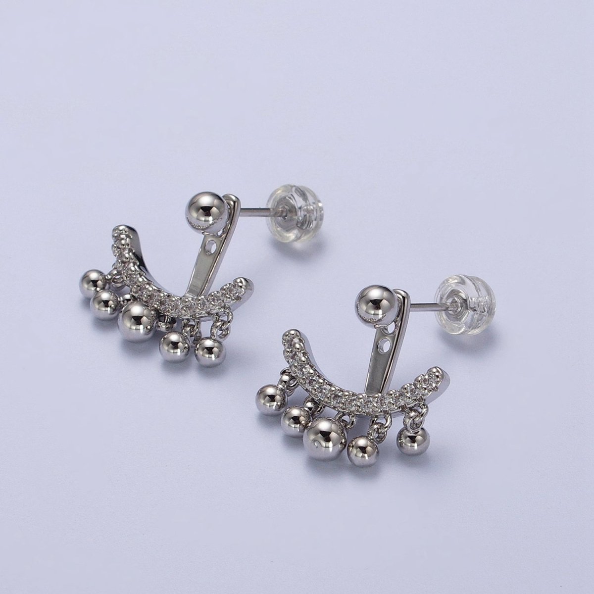 Gold Filled Micro Paved CZ Arc Line Bead Drop Earring Jacket in Silver | AD-257