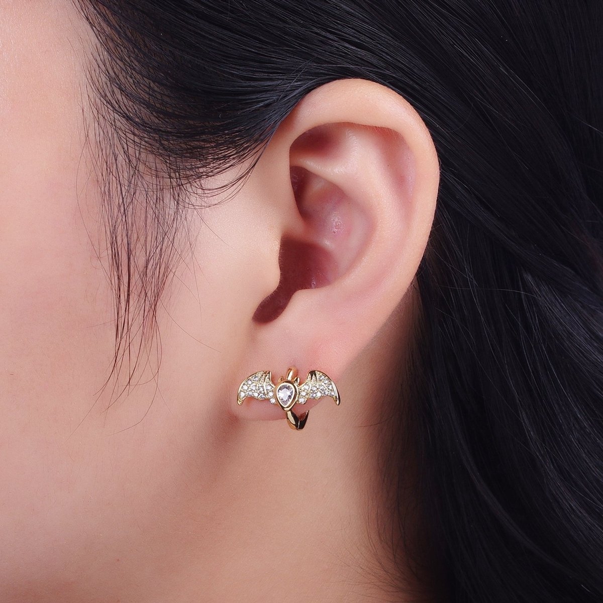 Gold Filled Micro Paved Horn Flying Bats Gold Stud Halloween Earrings | AD-058