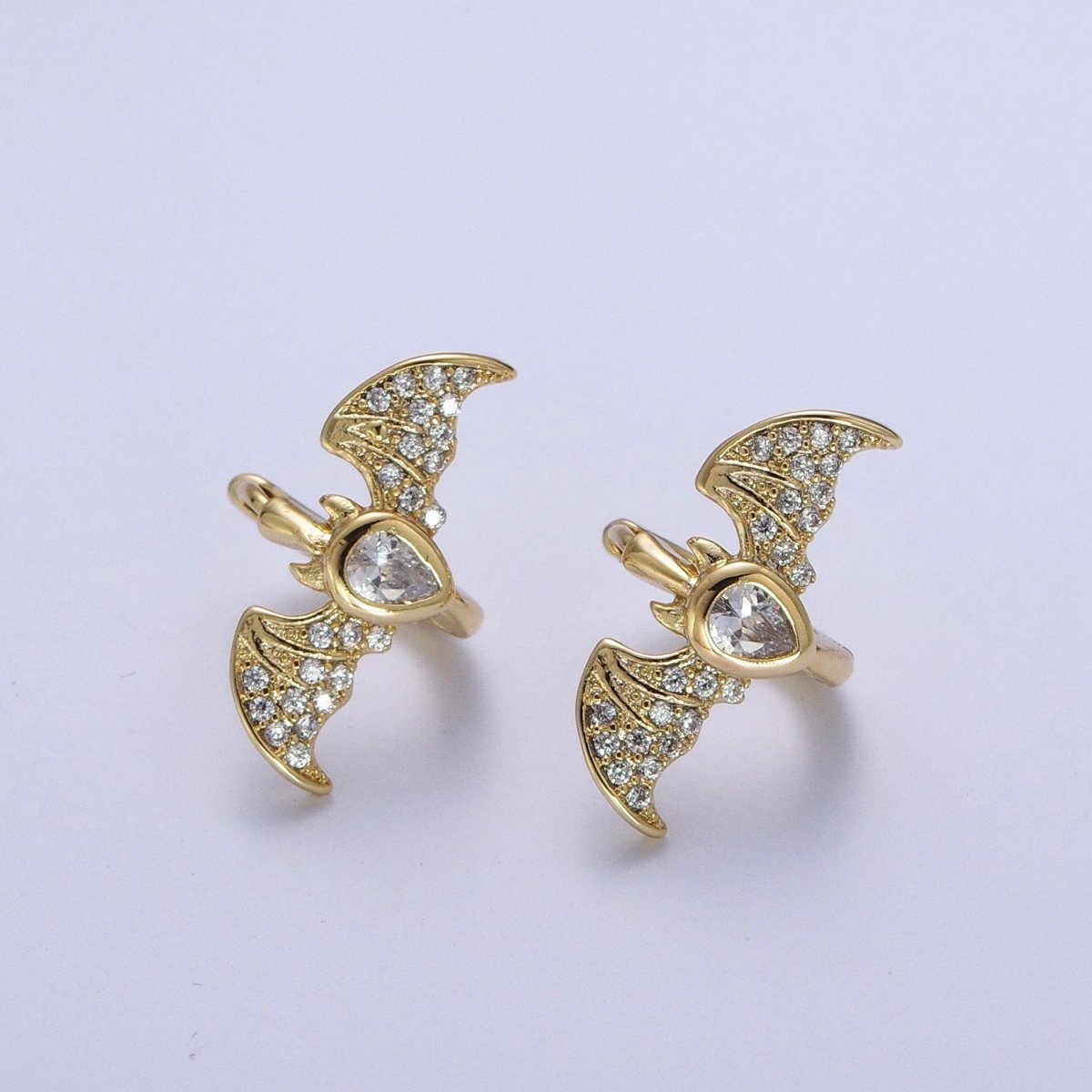 Gold Filled Micro Paved Horn Flying Bats Gold Stud Halloween Earrings | AD-058