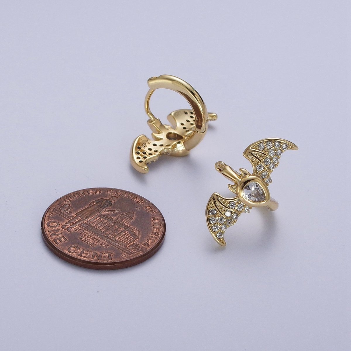 Gold Filled Micro Paved Horn Flying Bats Gold Stud Halloween Earrings | AD-058