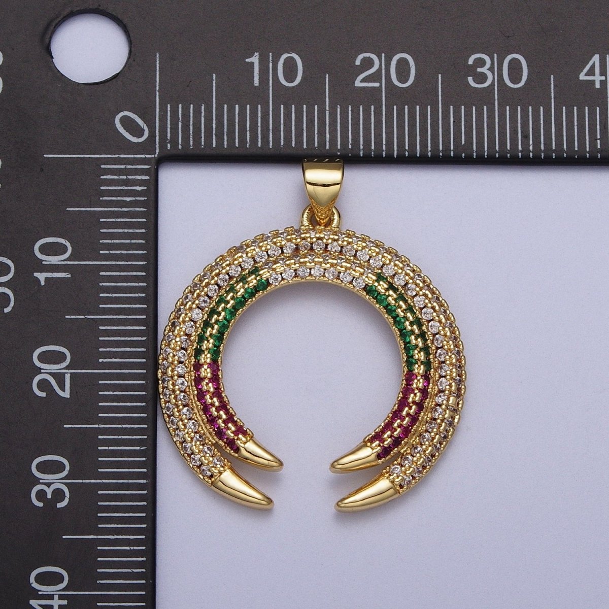 Gold-Filled Micro Paved Multicolor Crescent Moon Double Horn Pendant H-253