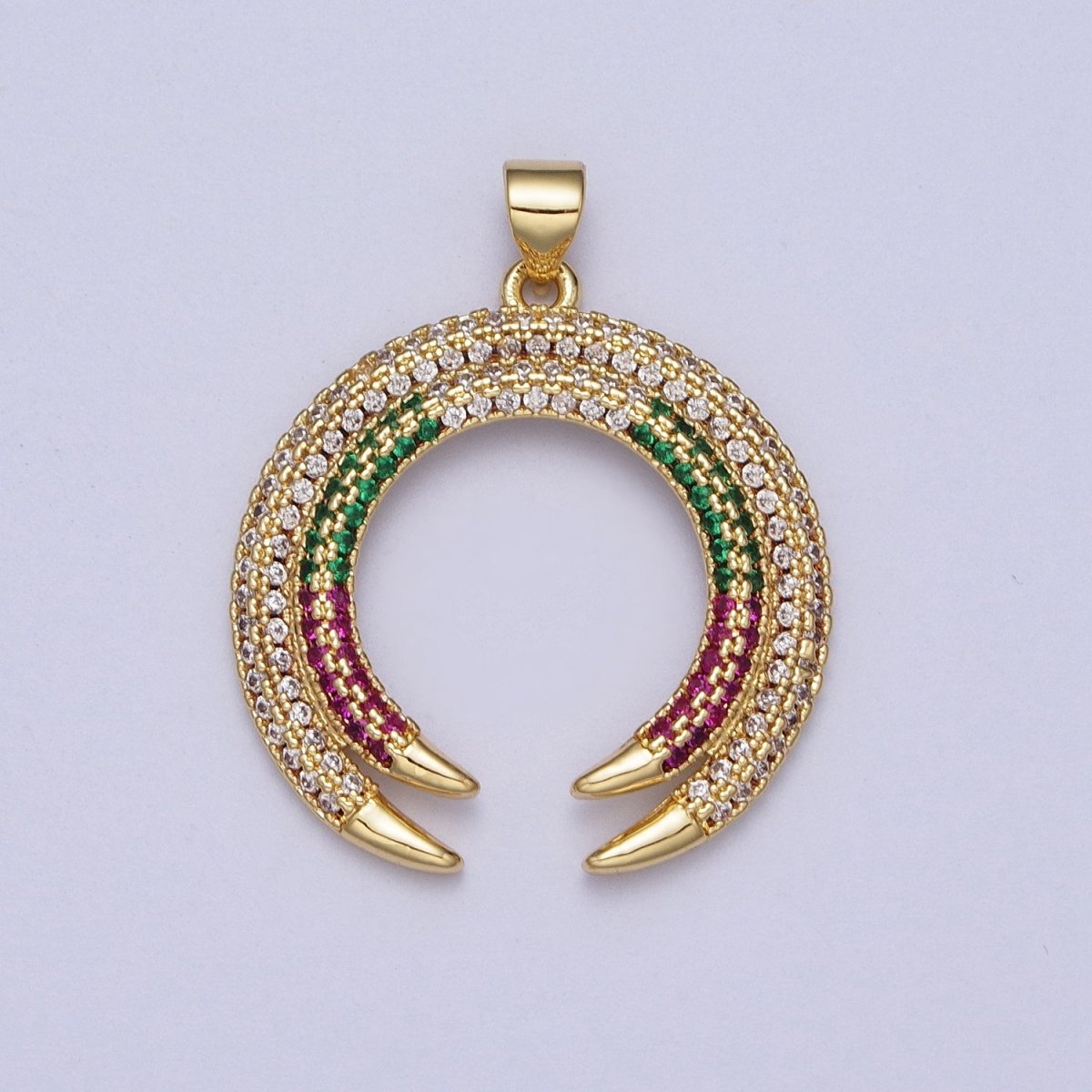 Gold-Filled Micro Paved Multicolor Crescent Moon Double Horn Pendant H-253