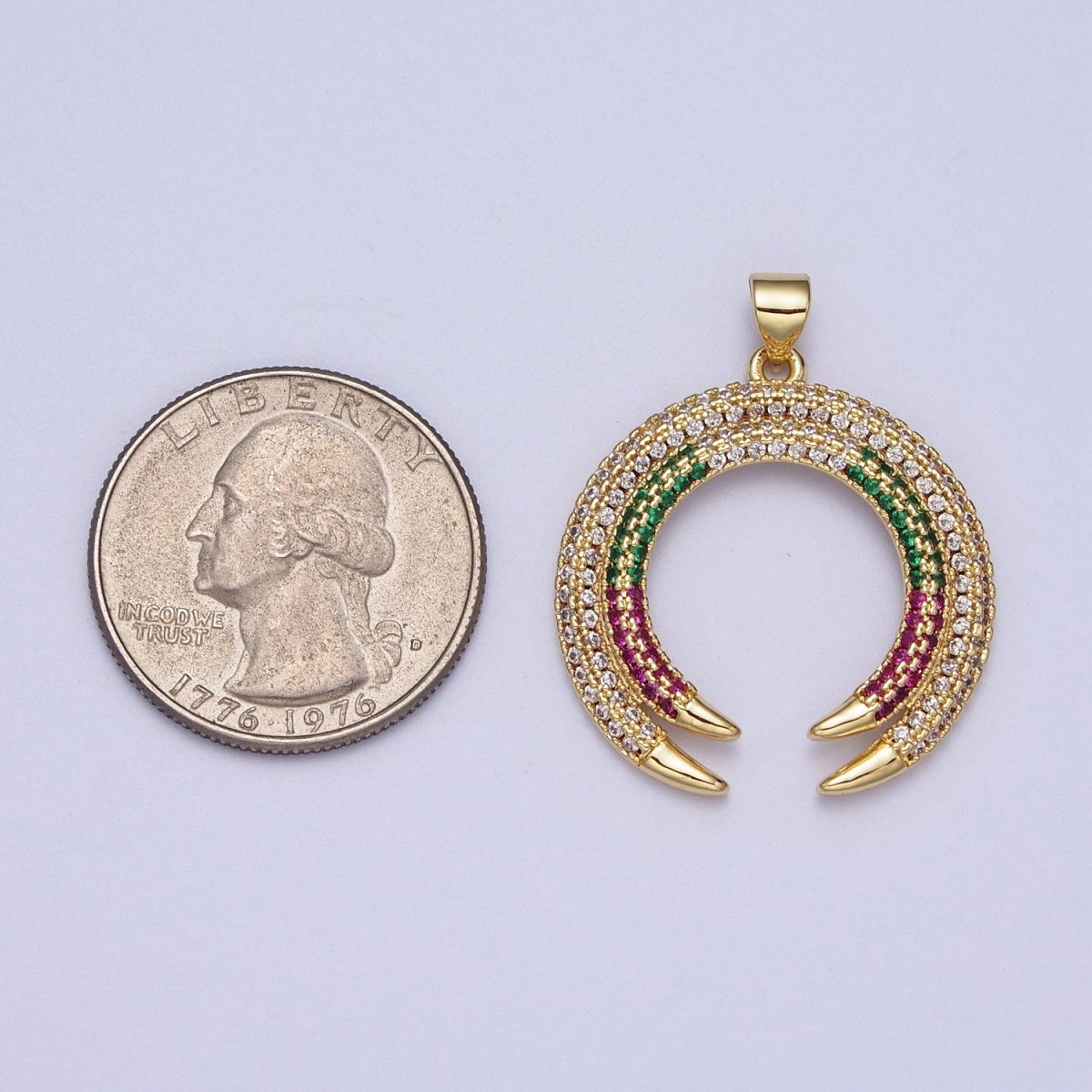 Gold-Filled Micro Paved Multicolor Crescent Moon Double Horn Pendant H-253