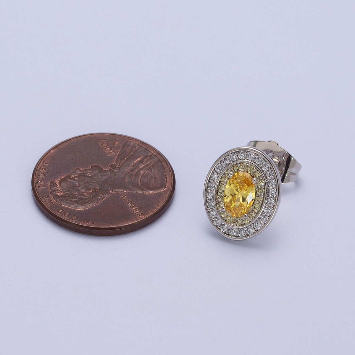 Gold Filled Micro Paved Purple, Clear, Yellow Oval CZ Stud Earrings | AD-295 AD-296 AD-297
