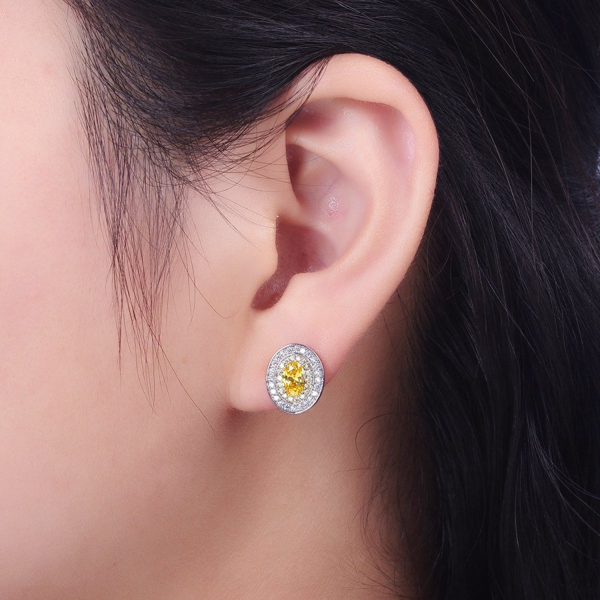 Gold Filled Micro Paved Purple, Clear, Yellow Oval CZ Stud Earrings | AD-295 AD-296 AD-297