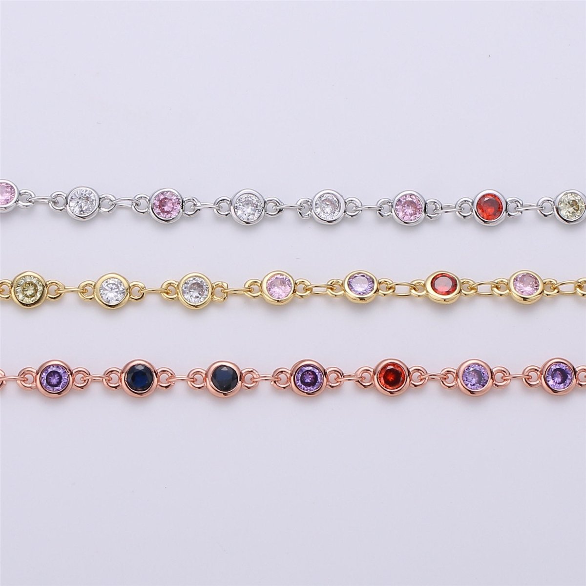 Gold Filled Multi Color CZ Beaded Chain 4mm Cubic Zirconia Beads Chain Rose Gold Silver Rosary Chain Dainty Beaded Chain by the Yard, DESIGNED Chain | ROLL-108 ROLL-109 ROLL-110 Clearance Pricing