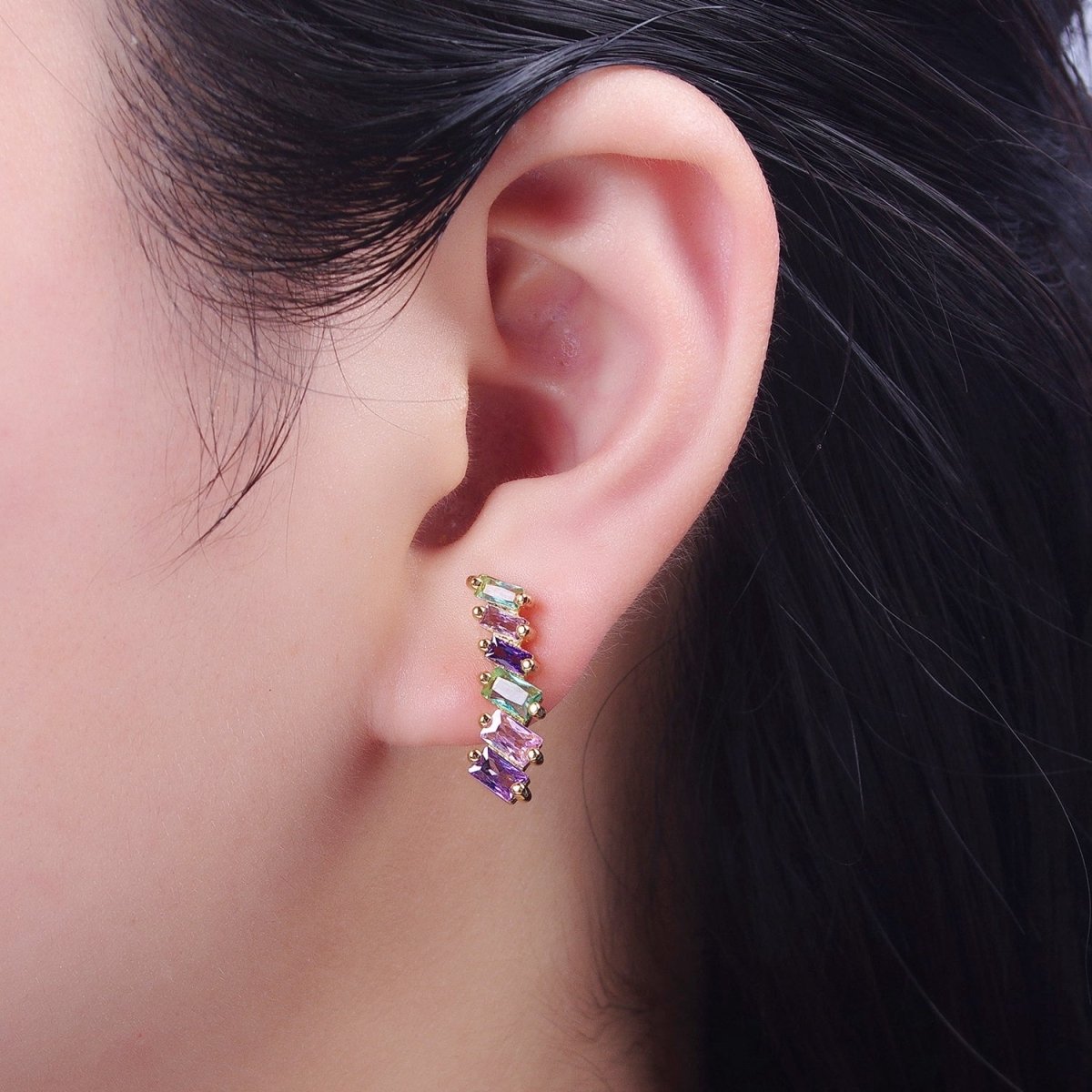 Gold Filled Multicolor Baguette Cubic Zirconia CZ Stud Earrings T-025