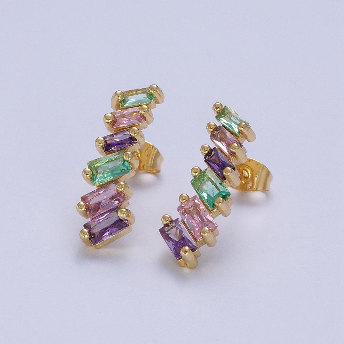 Gold Filled Multicolor Baguette Cubic Zirconia CZ Stud Earrings T-025
