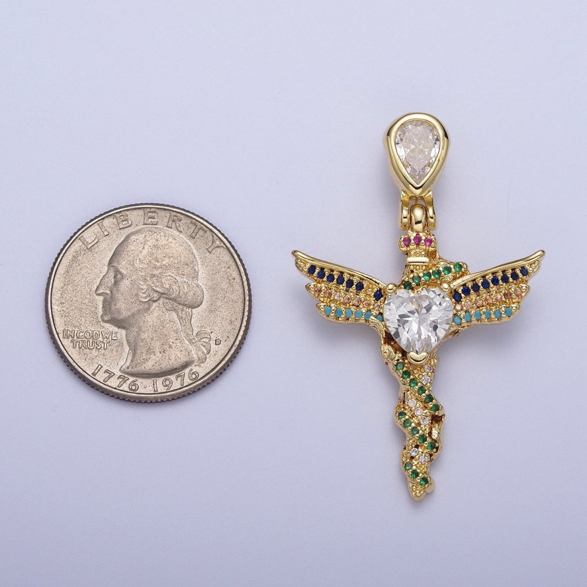 Gold-Filled Multicolor Micro Paved Clear Heart CZ  Winged Religious Gold Cross Pendant H-252