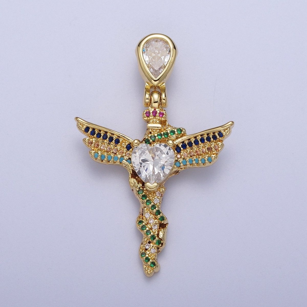 Gold-Filled Multicolor Micro Paved Clear Heart CZ  Winged Religious Gold Cross Pendant H-252