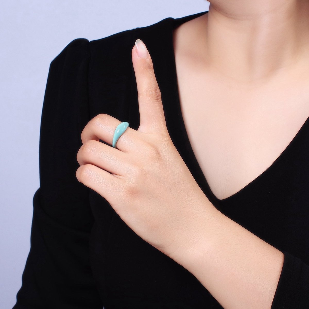 Gold Filled Neon Baby Blue Enamel Y2K Drop Signet Ring | O-564