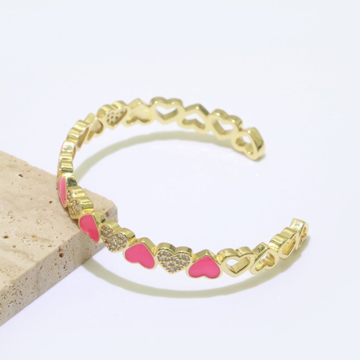 Gold Filled Open Cuff Cubic Zirconia Enamel Heart Bangle Bracelet | WA-154 to WA-162 Clearance Pricing