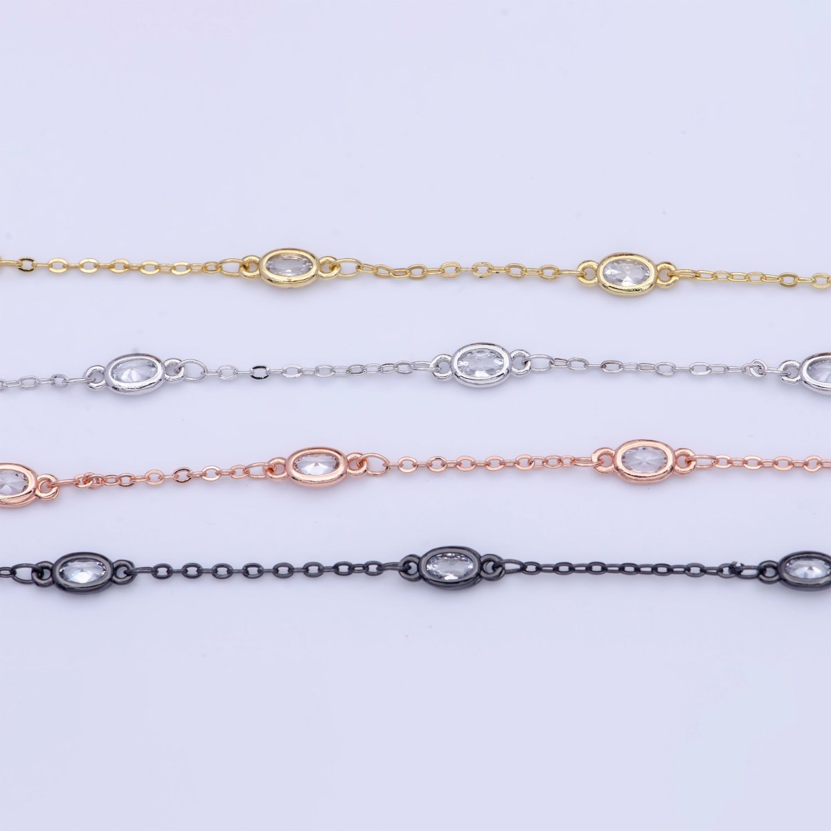 Gold Filled Oval Bezel Clear Cubic Zirconia CZ Unfinished Wholesale Chain by Yard | ROLL-818, ROLL-819, ROLL-820, ROLL-821