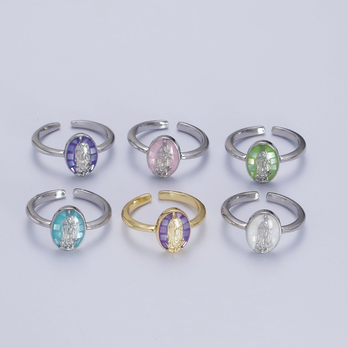 Gold Filled Oval Virgin Mother Mary Shell Opal Ring in Gold & Silver  S-397 - S-400, O-200-204