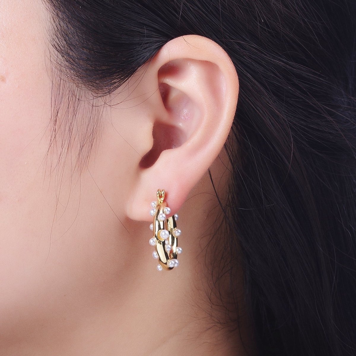 Gold Filled Pearl Dotted 25mm Hoop Latch Earrings In Gold & Silver | AB190 AB191