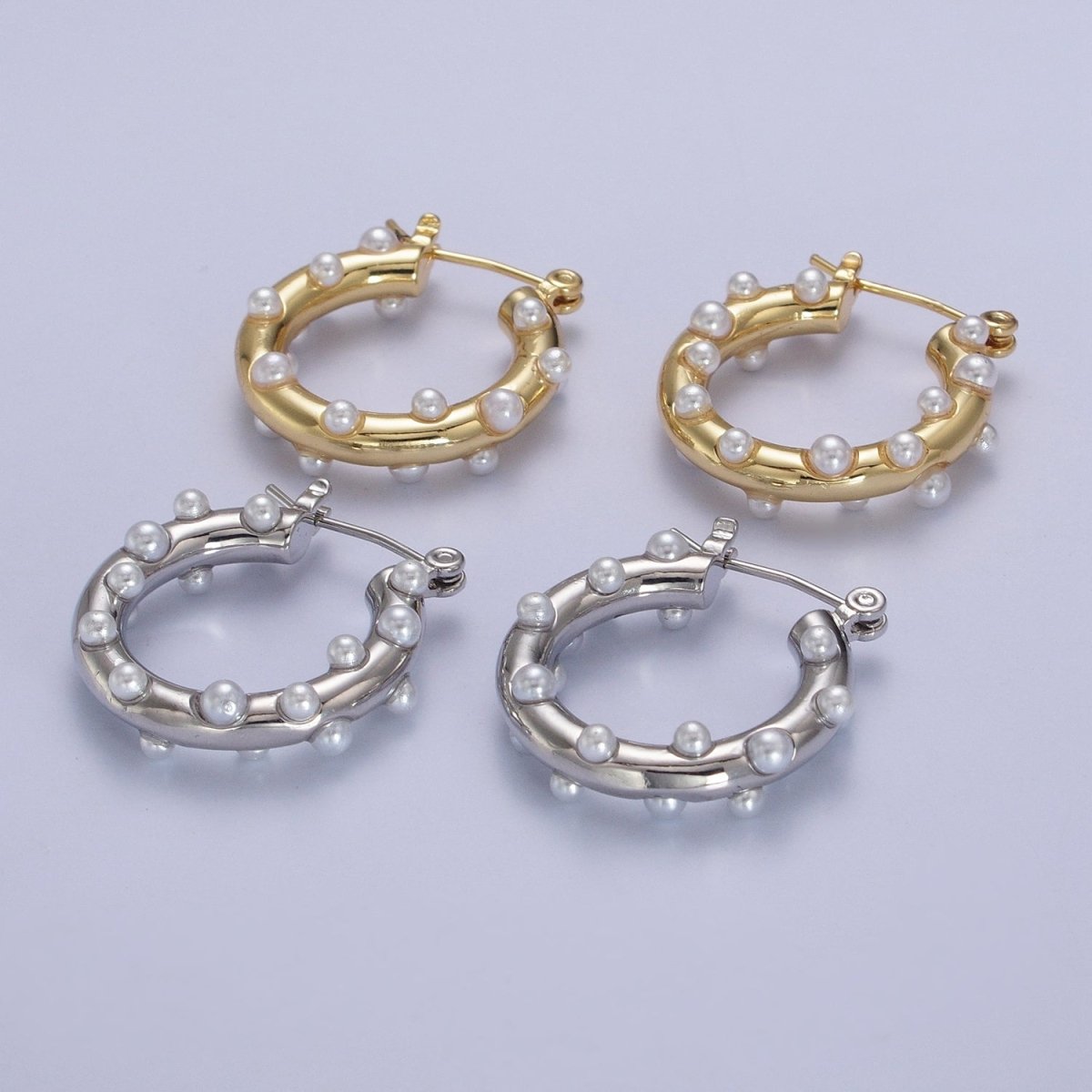 Gold Filled Pearl Dotted 25mm Hoop Latch Earrings In Gold & Silver | AB190 AB191