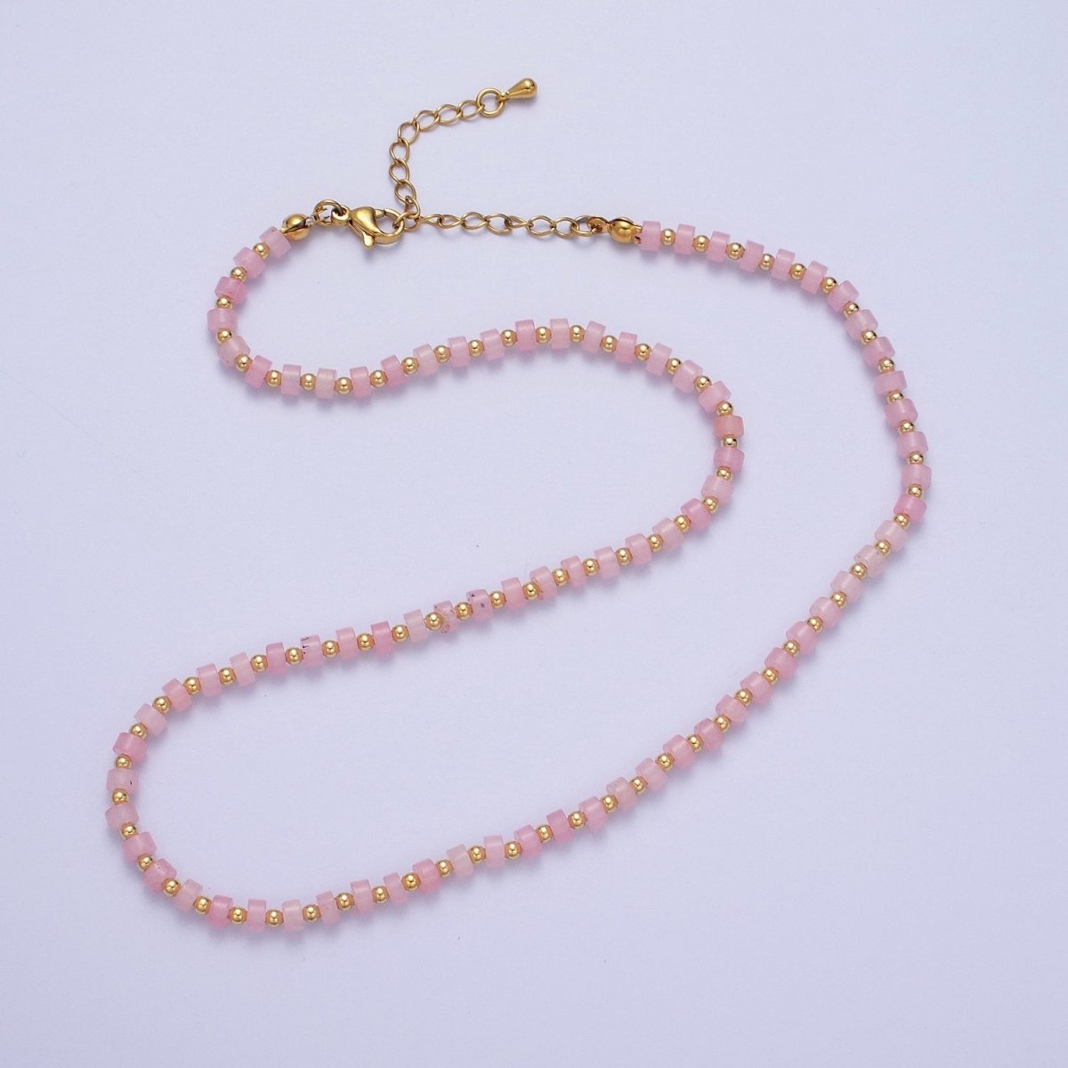 Gold Filled Pink Rose Quartz Rondelle Heishi Gemstone Gold Spacer Beads 15.5 Inch Choker Necklace | WA-1430 Clearance Pricing