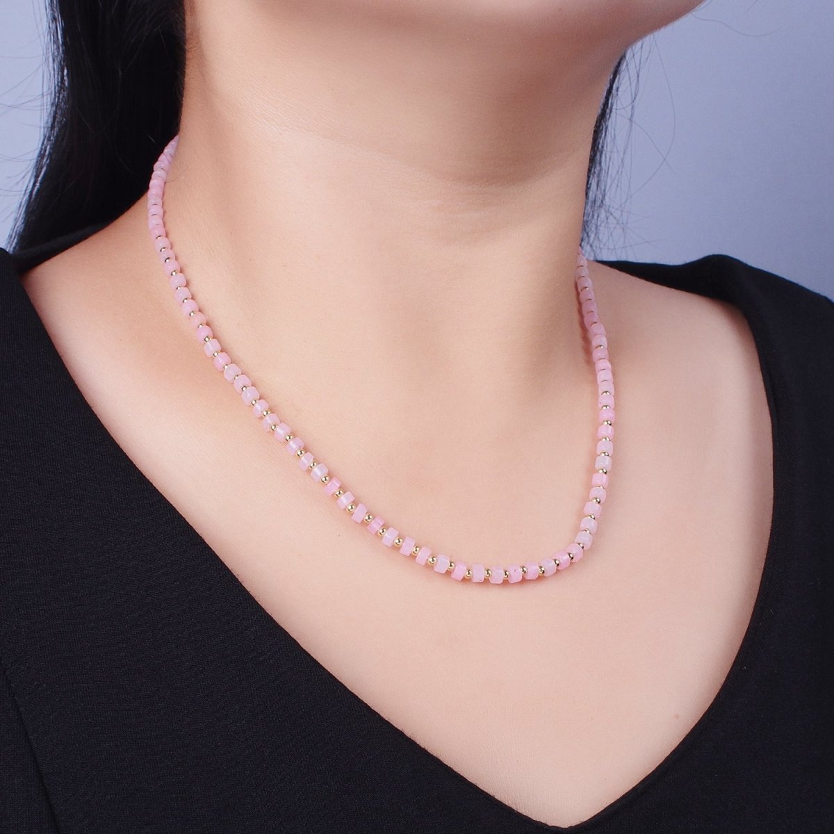 Gold Filled Pink Rose Quartz Rondelle Heishi Gemstone Gold Spacer Beads 15.5 Inch Choker Necklace | WA-1430 Clearance Pricing