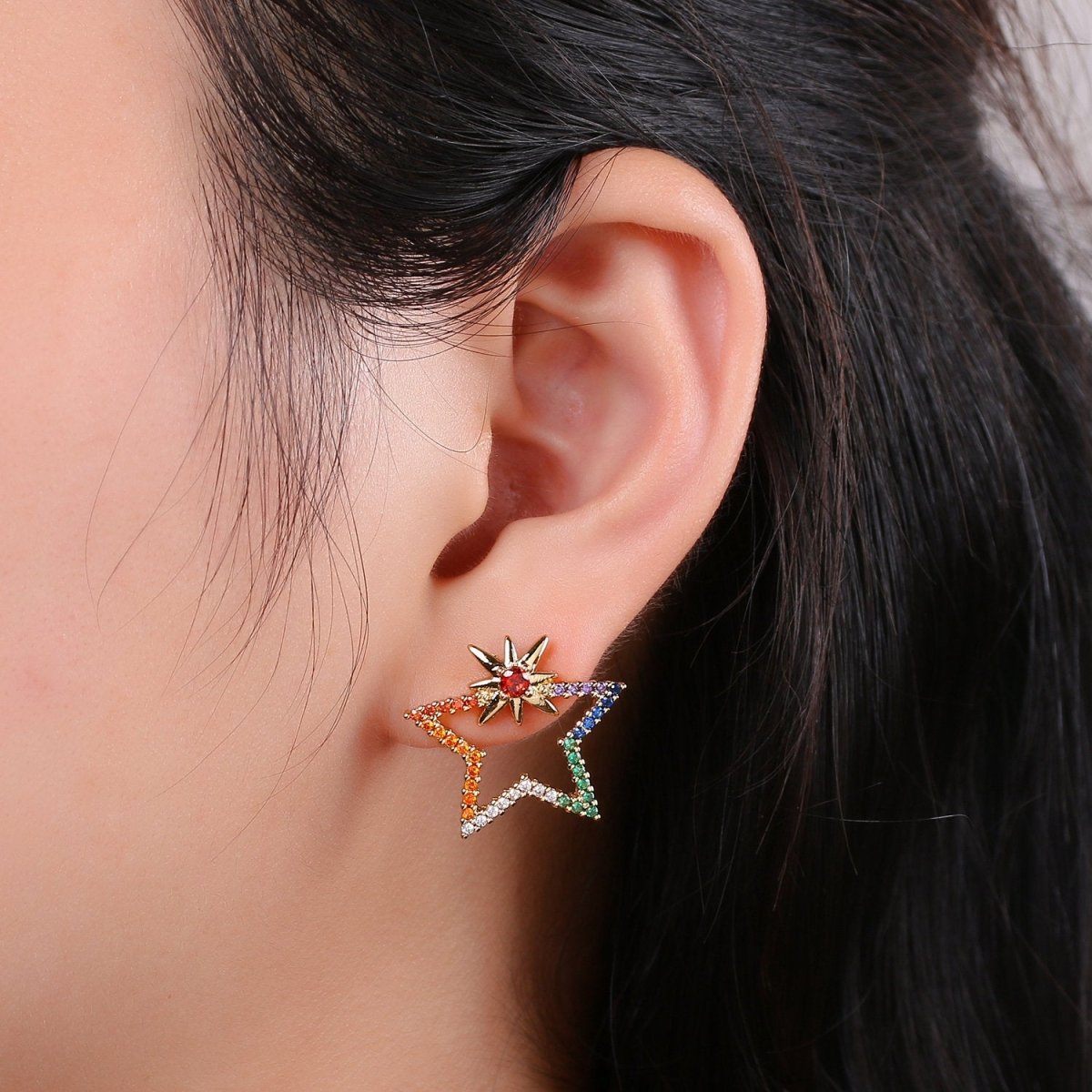 Gold Filled Rainbow Big Star Dangle Stud Earring Micro Pave CZ Cubic Zirconia Earrings Supply for Jewelry Making Q-178