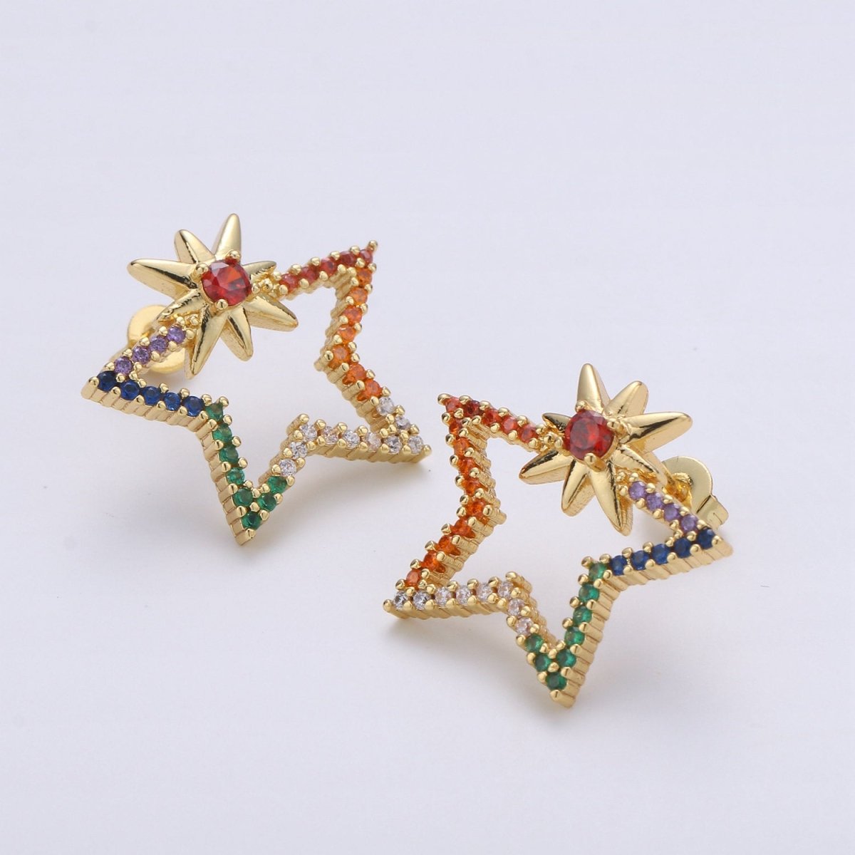 Gold Filled Rainbow Big Star Dangle Stud Earring Micro Pave CZ Cubic Zirconia Earrings Supply for Jewelry Making Q-178