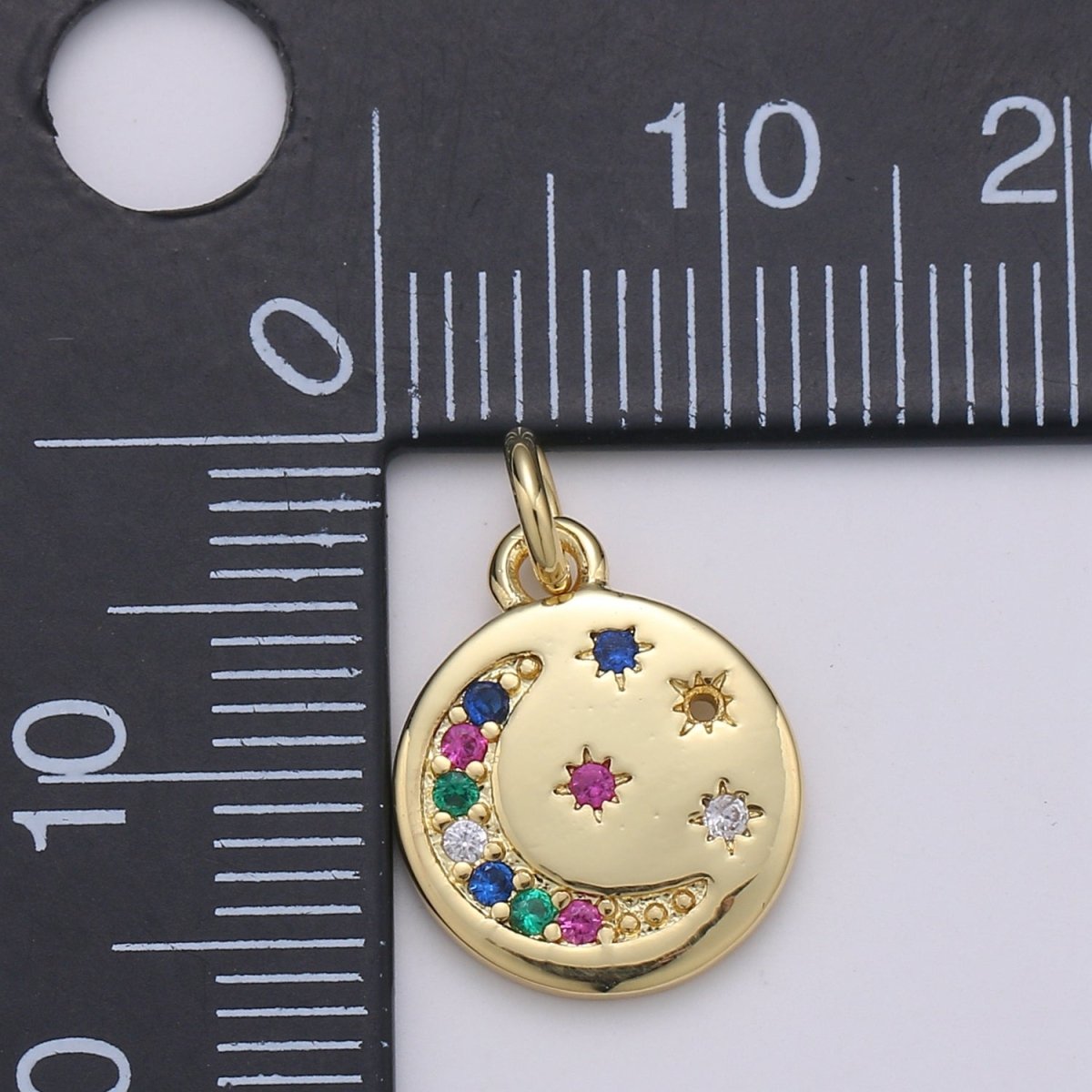Gold Filled Rainbow Crescent Moon Star Coin Charm - D-869