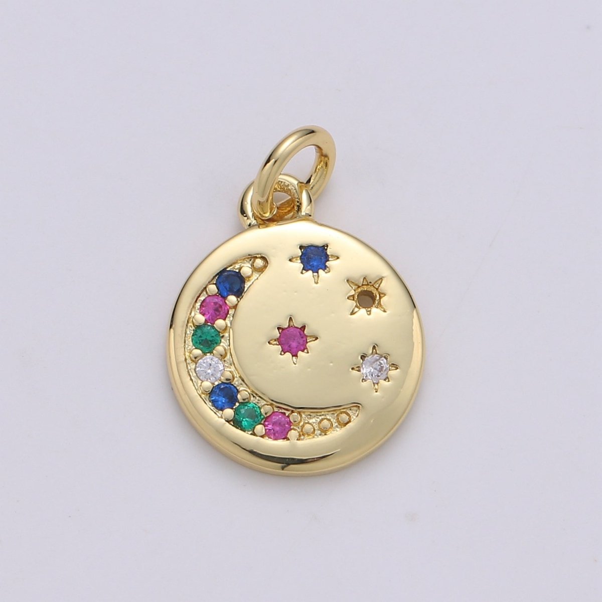 Gold Filled Rainbow Crescent Moon Star Coin Charm - D-869