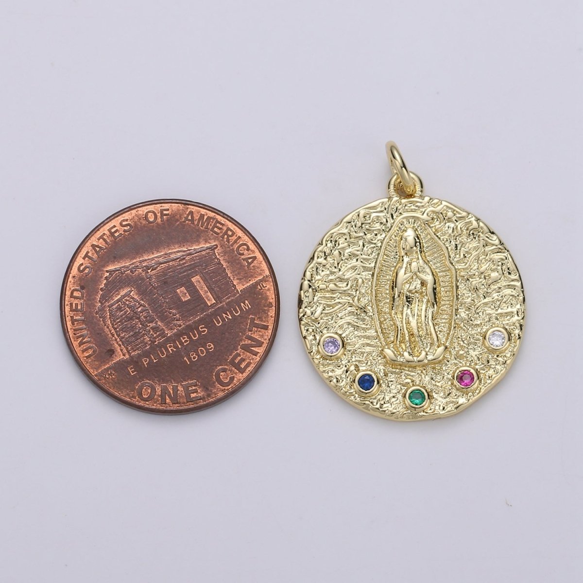 Gold Filled Rainbow Crystal Holy Mary Coin Charm D-872