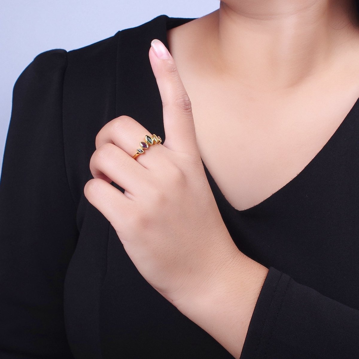 Gold Filled Rainbow Multicolor Marquise CZ Adjustable Ring | O-160
