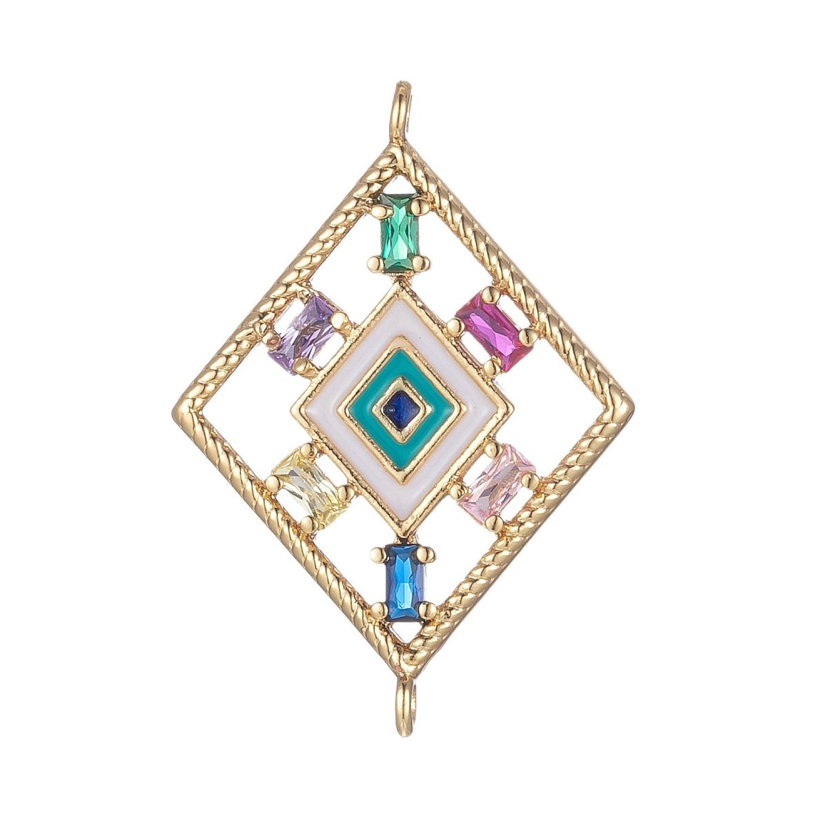 Gold Filled Rhombus Charm Connector Multi Color CZ Geometric Charm Bracelet Earring Necklace Link Connector Double Bail Charm F-875