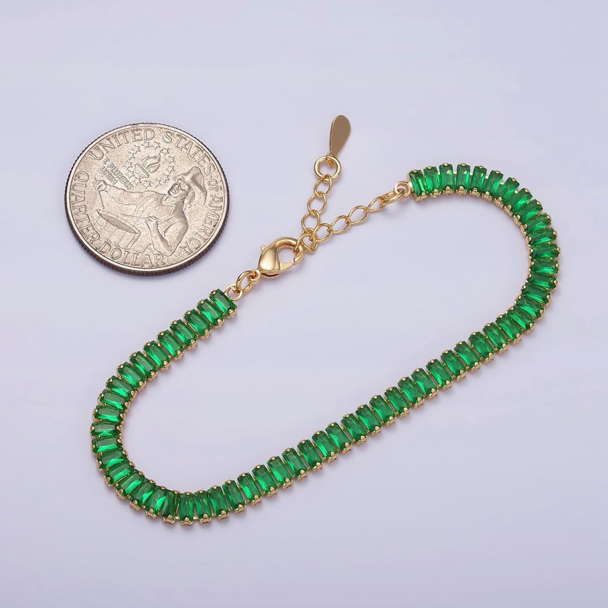 Gold Filled Tennis Bracelet, Baguette Emerald Green, Pink, Clear Pave CZ Bracelet for | WA-1764 to WA-1766 Clearance Pricing