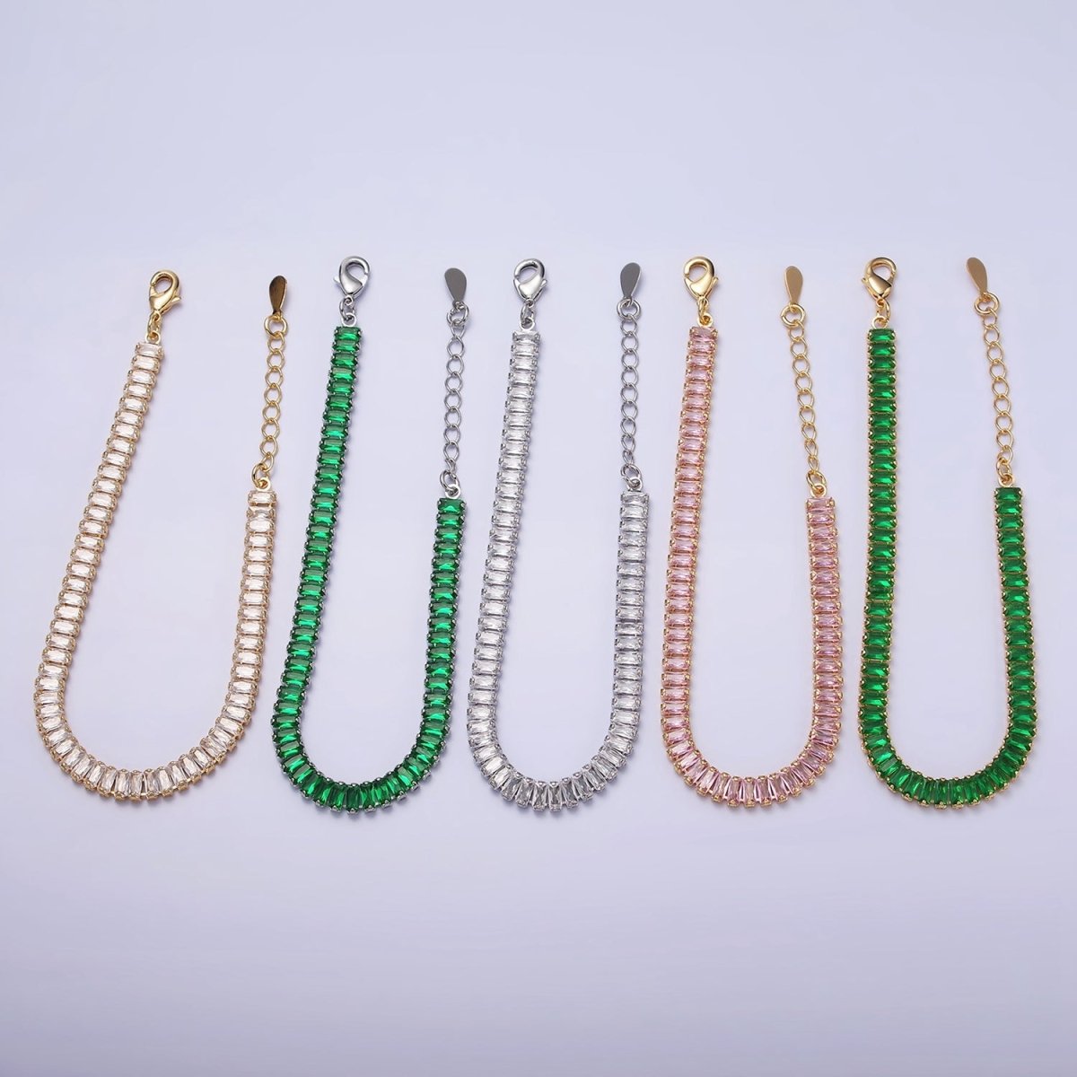 Gold Filled Tennis Bracelet, Baguette Emerald Green, Pink, Clear Pave CZ Bracelet for | WA-1764 to WA-1766 Clearance Pricing