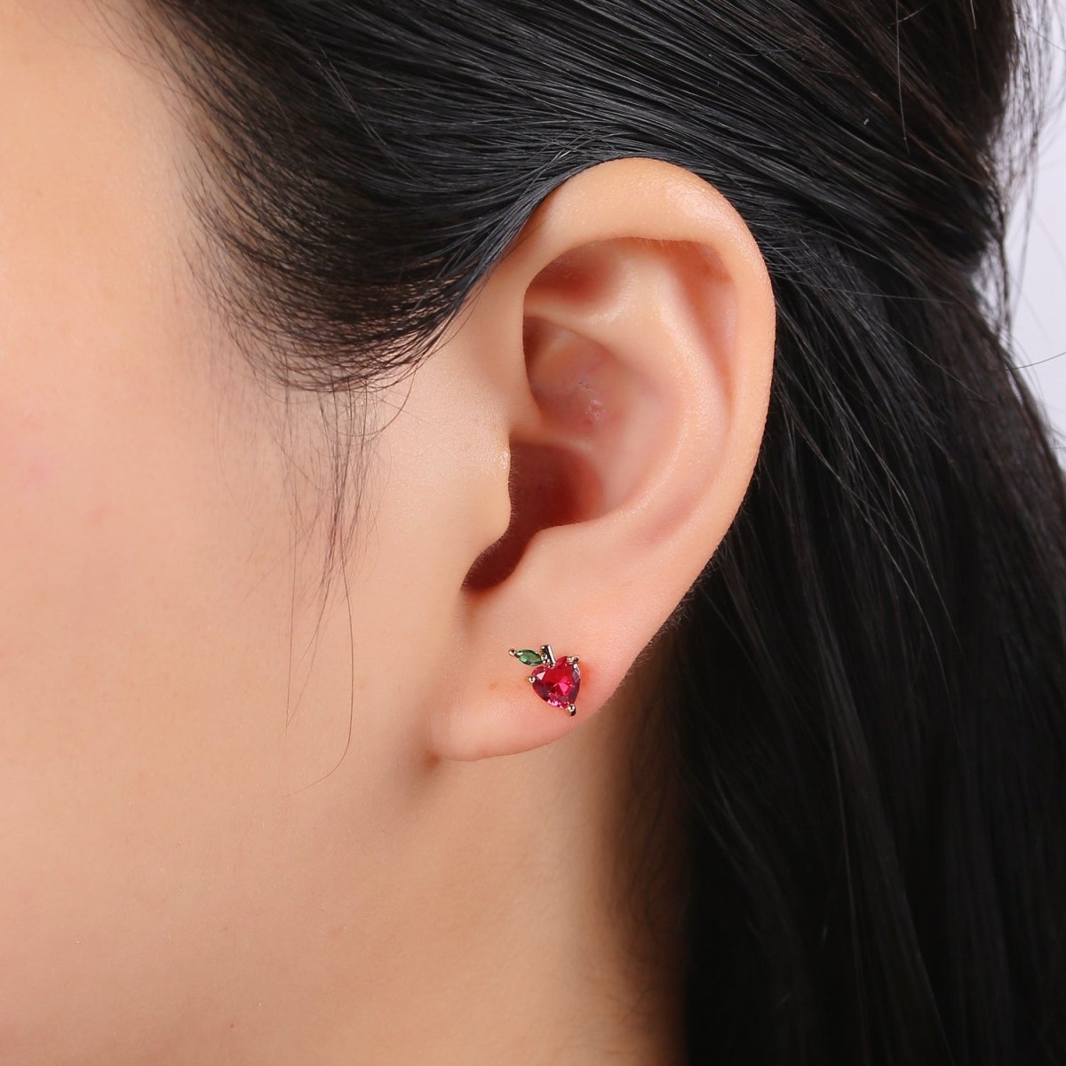 Gold Filled Tiny Strawberry Stud Earrings, Colored CZ Crystal Mini Fruity Natural Golden Formal/Casual Daily Wear Earring Jewelry P-015