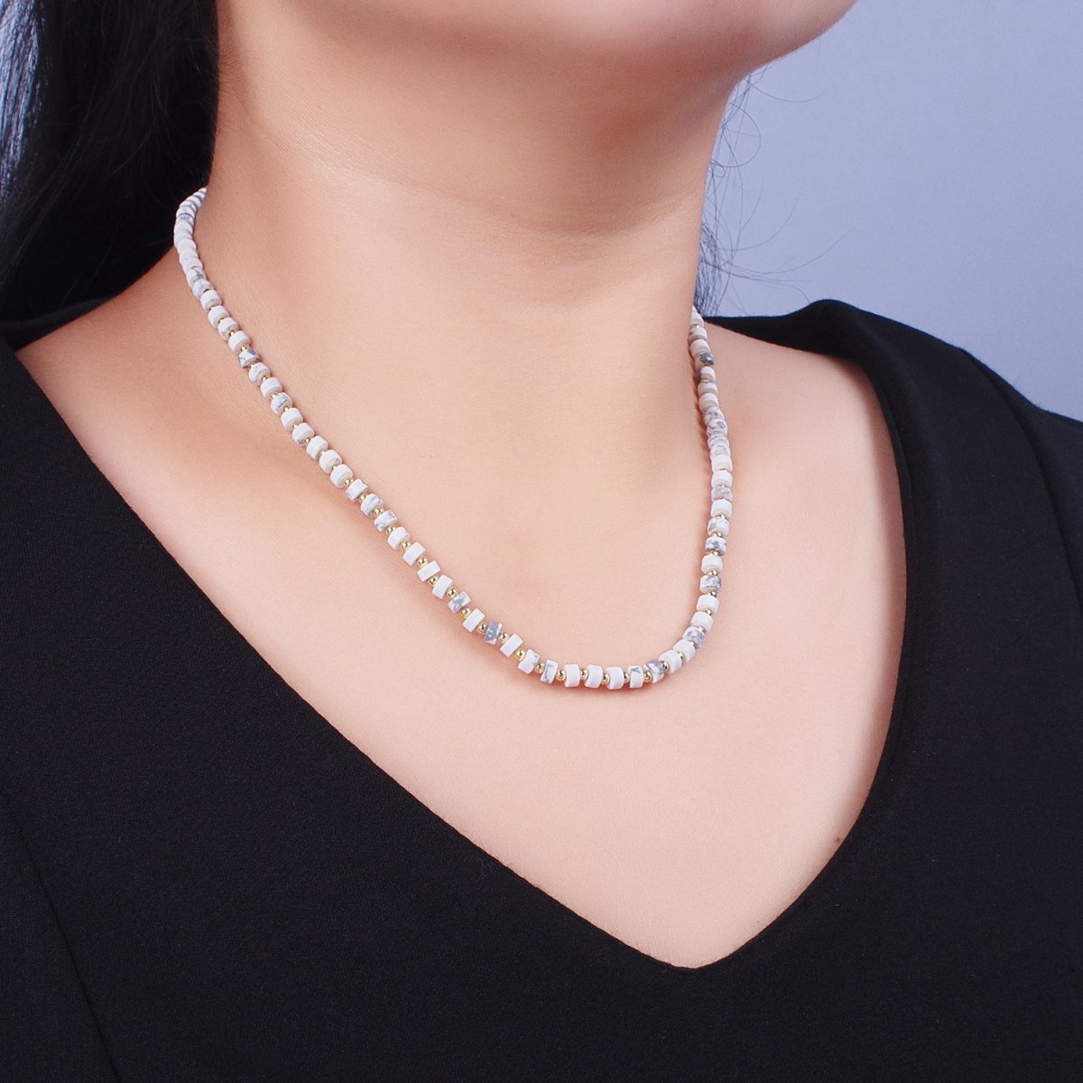 Gold Filled White Howlite Rondelle Heishi Gemstone Gold Spacer Beads 16 Inch Choker Necklace | WA-1437 Clearance Pricing