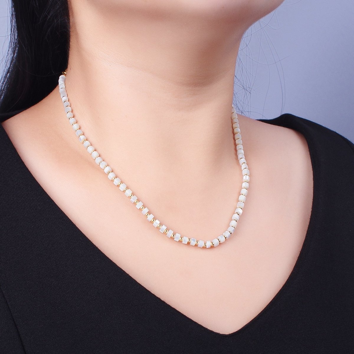 Gold Filled White Shell MOP Rondelle Heishi Gemstone Gold Spacer Beads 15.5 Inch Choker Necklace | WA-1434 Clearance Pricing