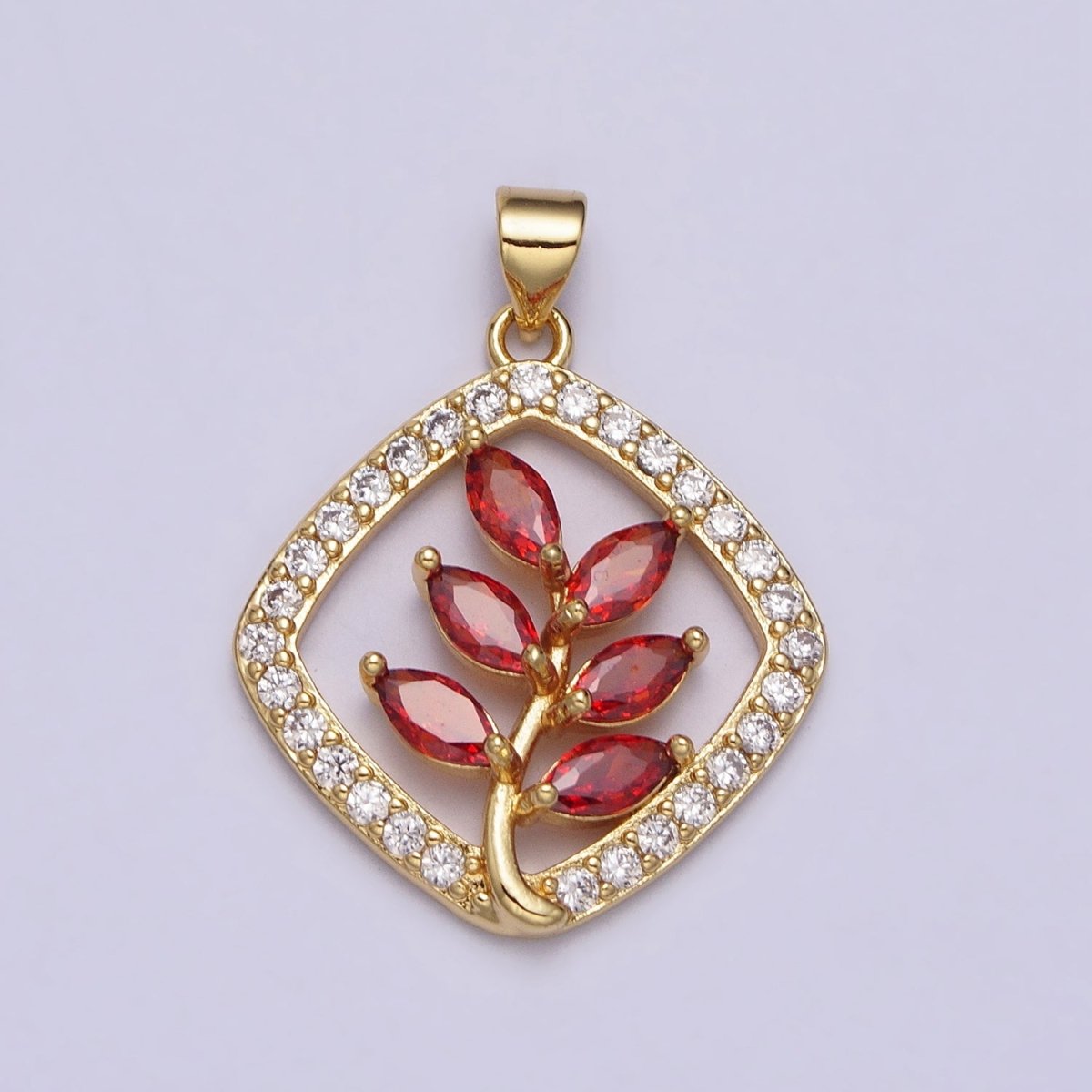 Gold Flower Leaves Plant Red Marquise Open Micro Paved CZ Rhombus Pendant | AA398