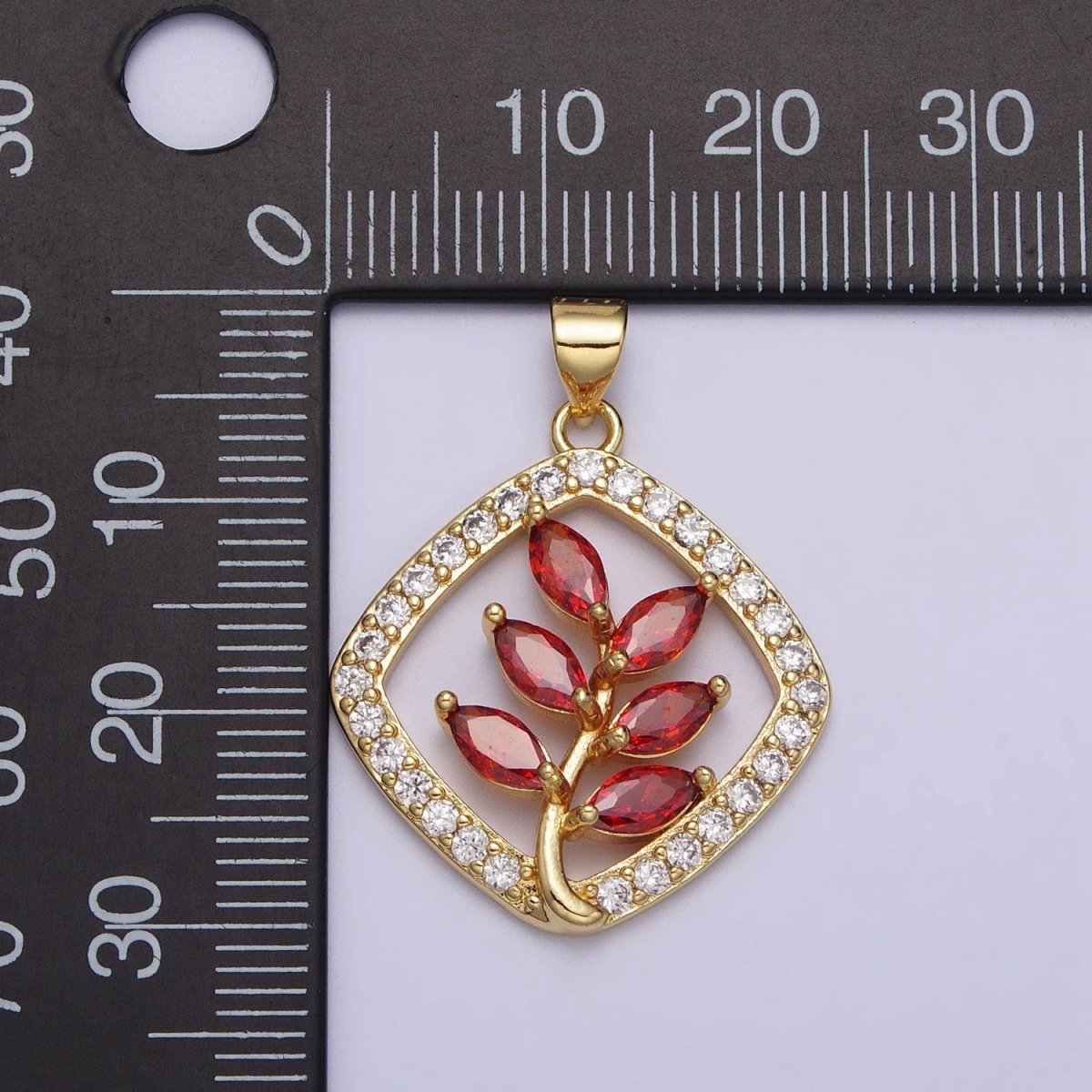 Gold Flower Leaves Plant Red Marquise Open Micro Paved CZ Rhombus Pendant | AA398