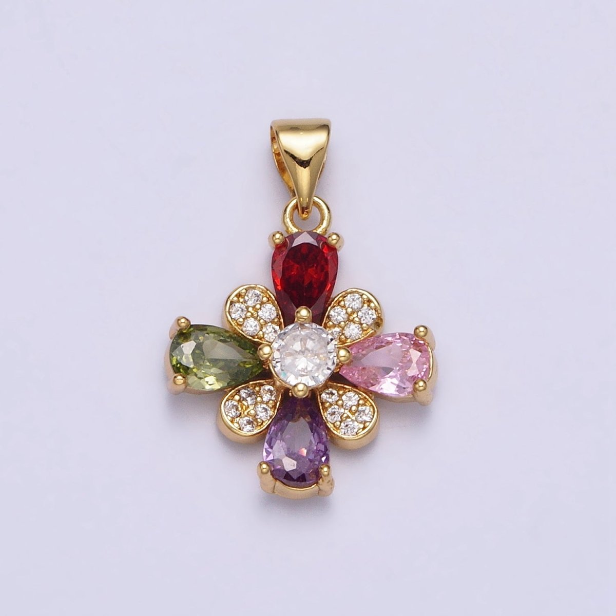 Gold Flower Multicolor Teardrop Micro Paved CZ Pendant | AA397