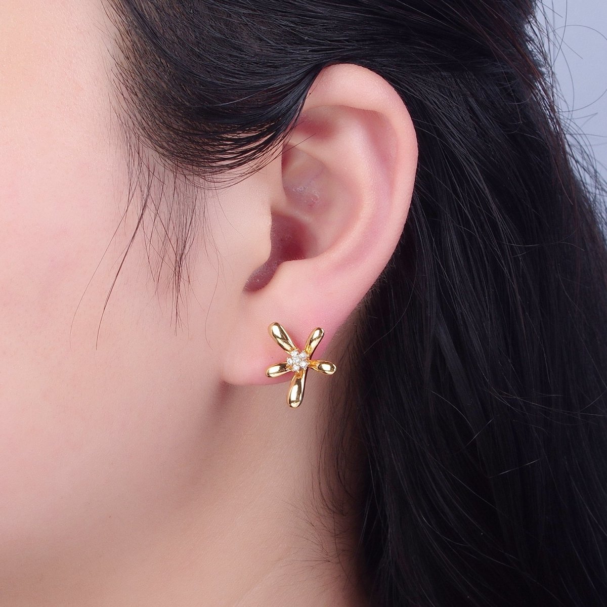 Gold Flower Stud Earring Floral Jewelry V-383