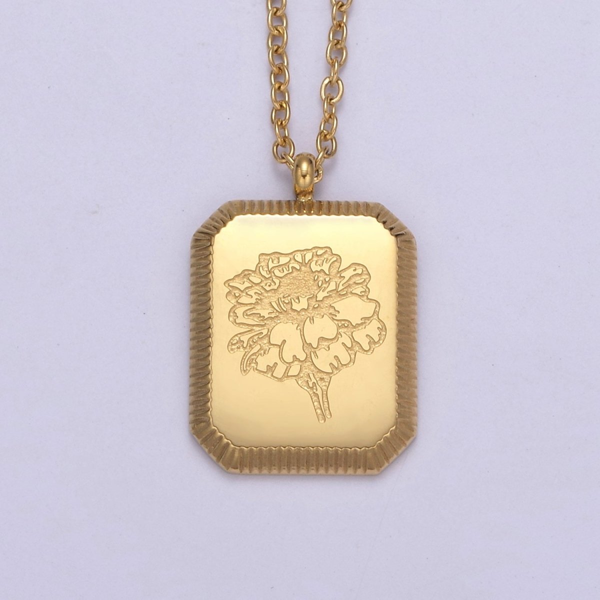 Gold Flower Tag Charm Engraved Floral Pendant Necklace with Cable Chain Necklace Wholesale Fashion Jewelry | WA-649 to WA-660 Clearance Pricing