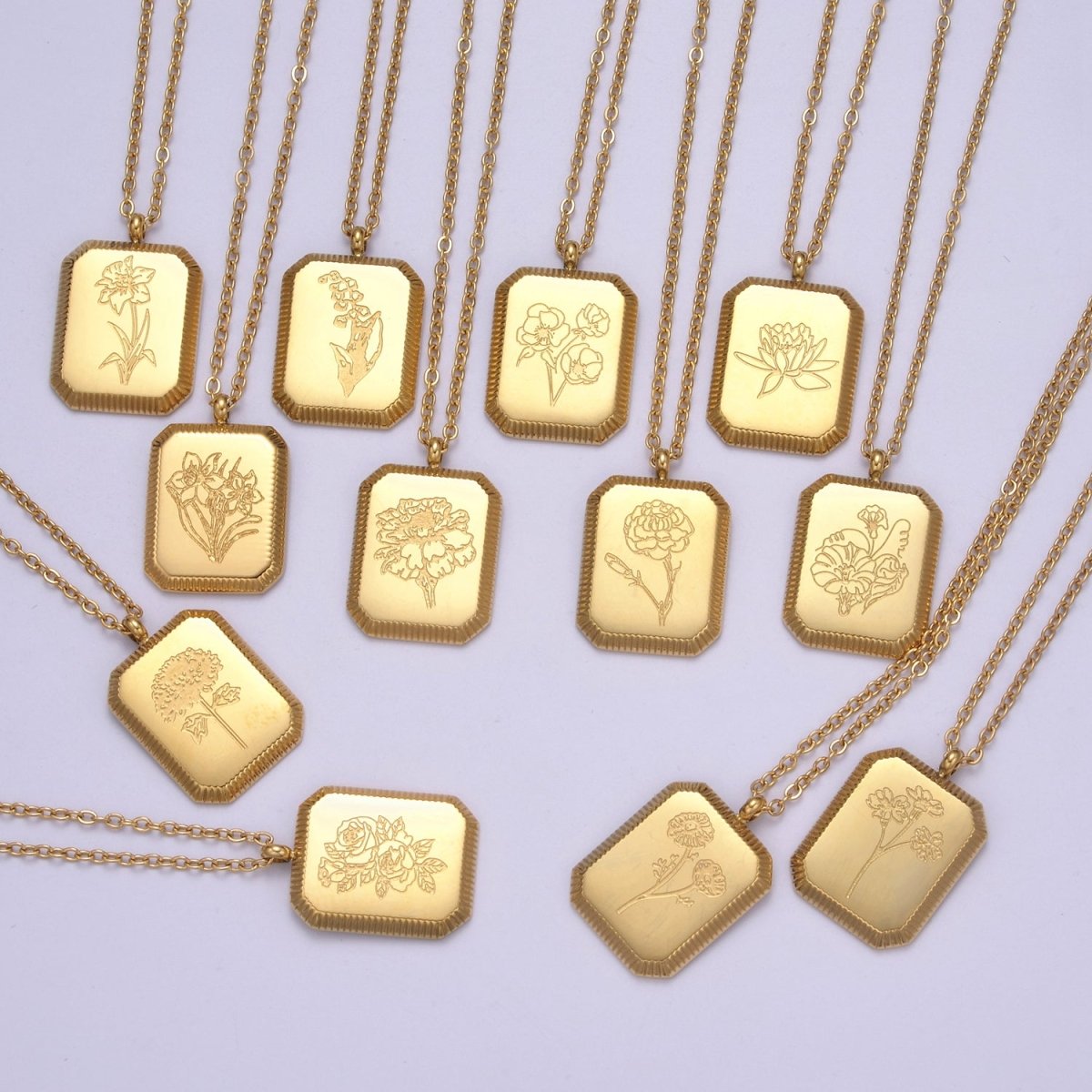 Gold Flower Tag Charm Engraved Floral Pendant Necklace with Cable Chain Necklace Wholesale Fashion Jewelry | WA-649 to WA-660 Clearance Pricing